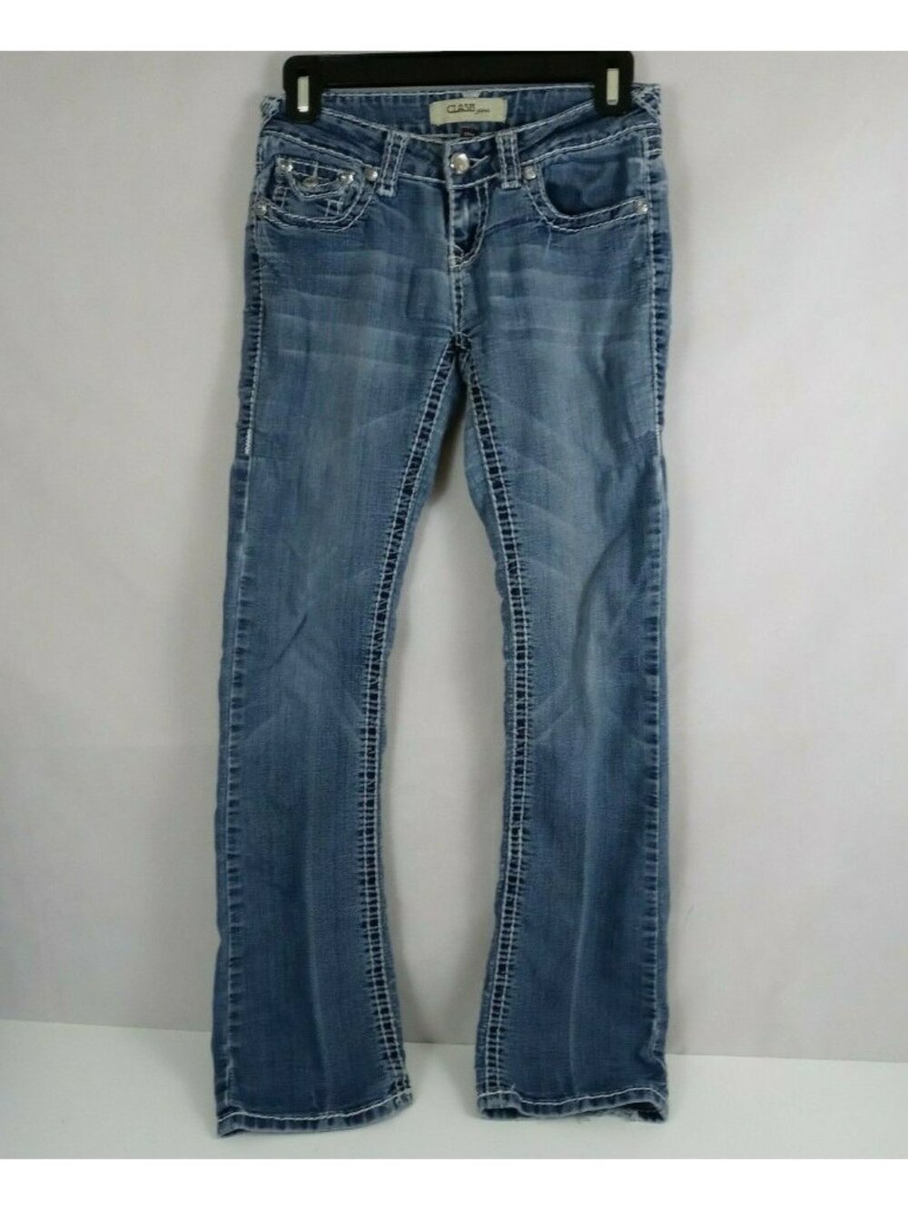 Clash Women's Distressed Whiskered Embroidered Jewel Frayed Cuff Jeans Size 3